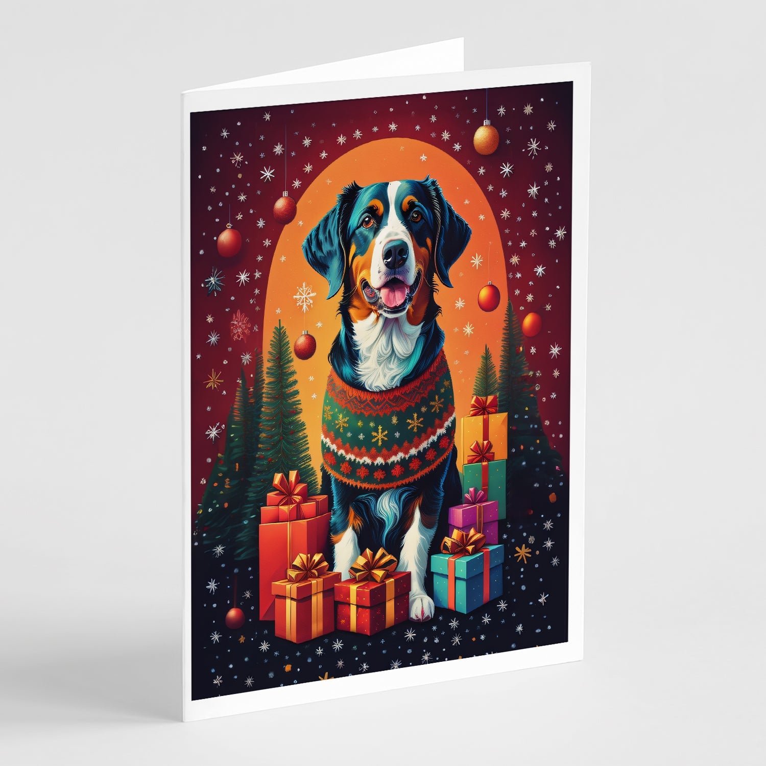 Paquete de Tarjetas Navideñas Appenzeller Sennenhund con Saludos de Fiesta, Pack de 8