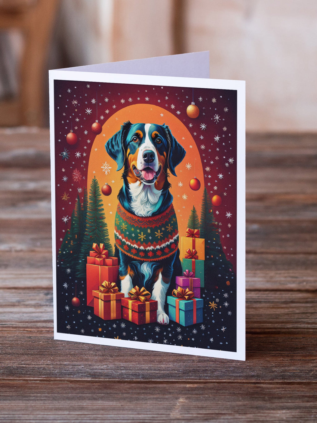 Paquete de Tarjetas Navideñas Appenzeller Sennenhund con Saludos de Fiesta, Pack de 8