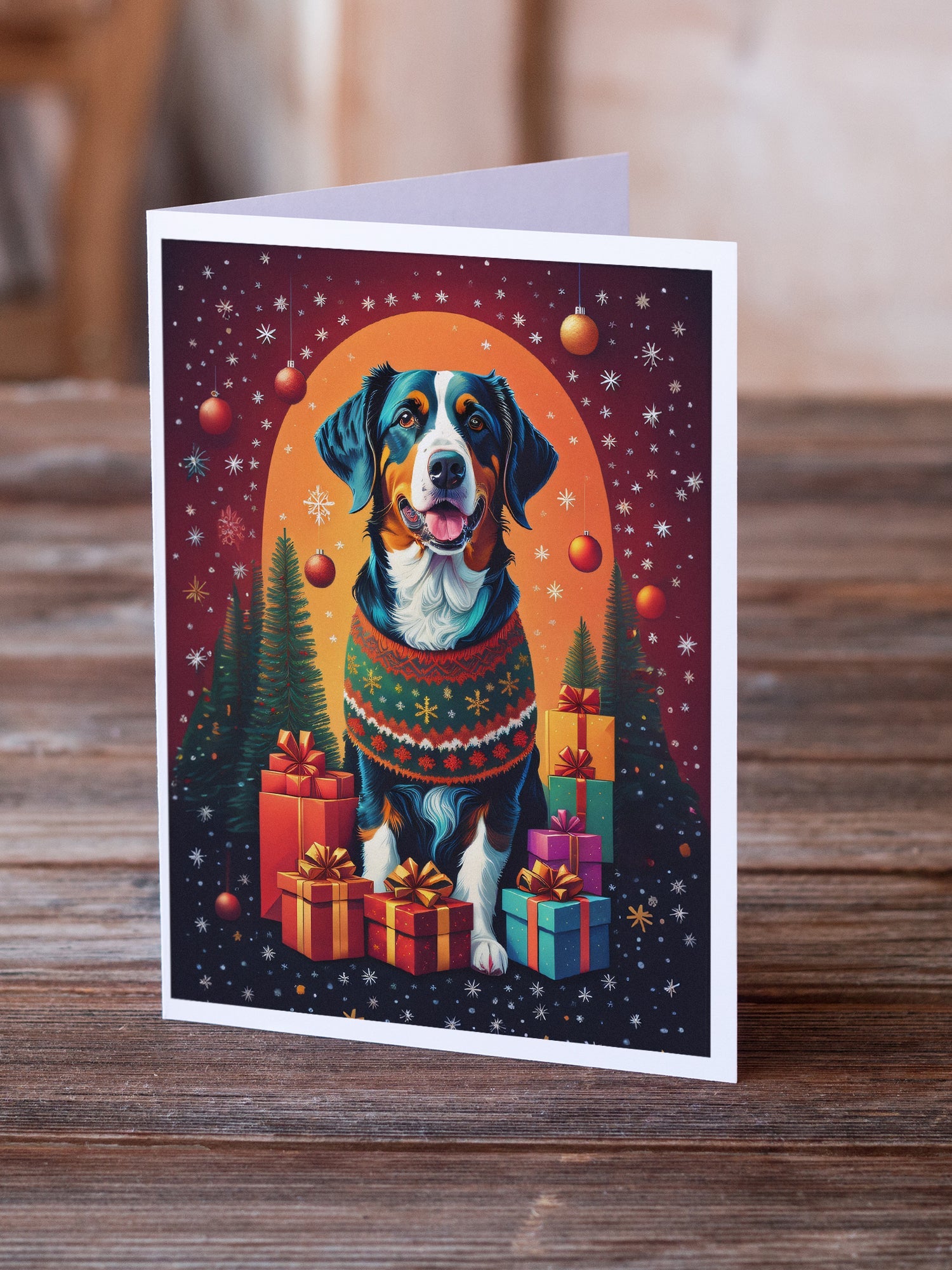 Paquete de Tarjetas Navideñas Appenzeller Sennenhund con Saludos de Fiesta, Pack de 8
