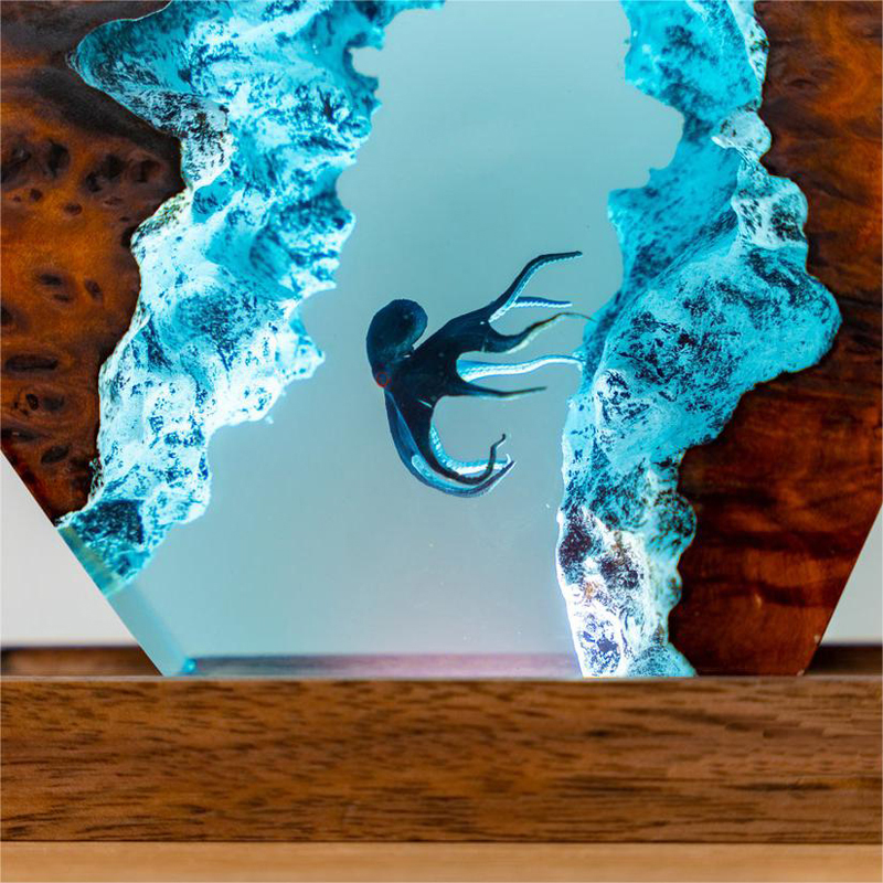 Lámpara Nocturna Pequeña de Resina 3D Buzo Pulpo Hecha a Mano para Decoración